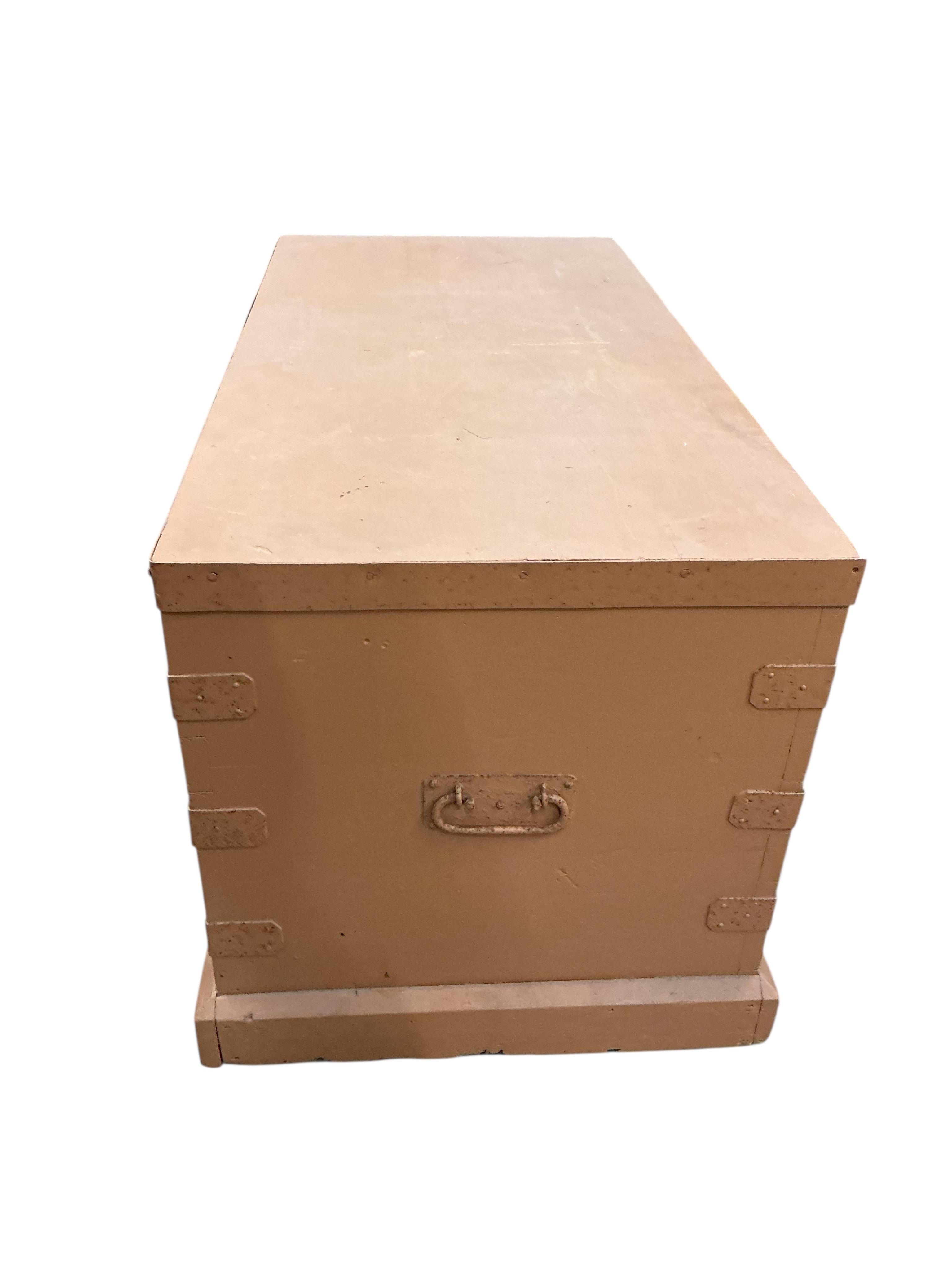 A Victorian iron bound pine trunk, later painted, width 117cm, depth 56cm, height 58cm